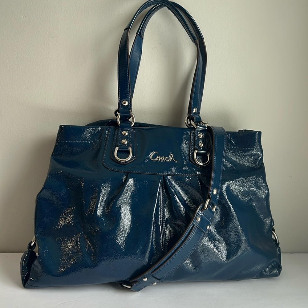 Coach ASHLEY Satchel Bag in Blue Patent Leather